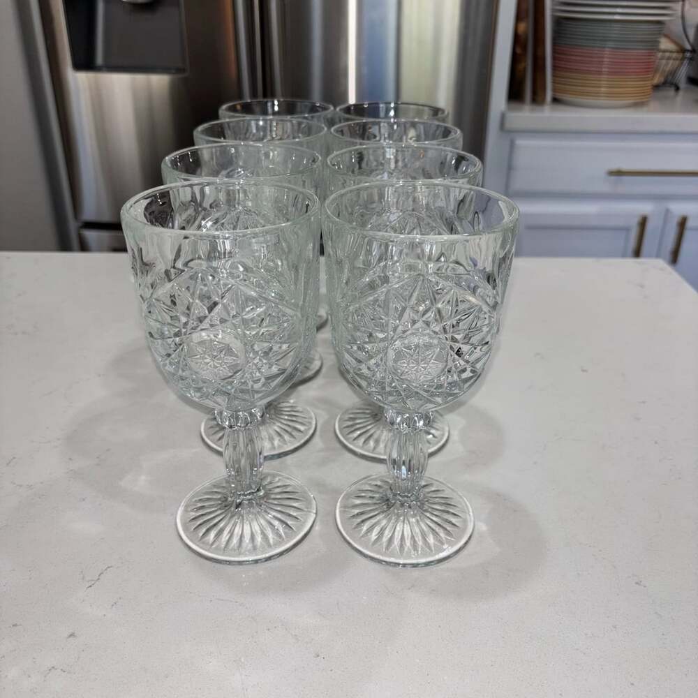 Vintage Libbey Hobstar Clear Glass Water Goblet Set of 8